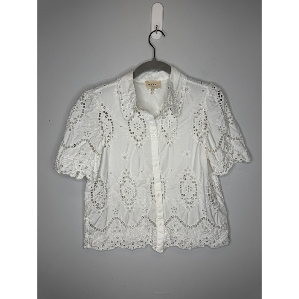 Sezane White Eyelet Cotton Short Sleeve Button Down Shirt Size 38 S251BLO011E